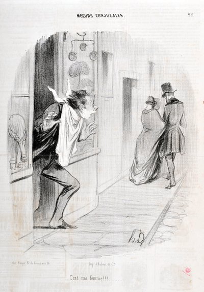 Kunstværk af Honore Daumier (1808-1879). Charivari stammer fra 1840 Serie MORIES CONJUAL “” Det er min kone!!! “” KUNSTMUSEET - PALACE LONGCHAMP, MARSEILLE af Honoré Daumier