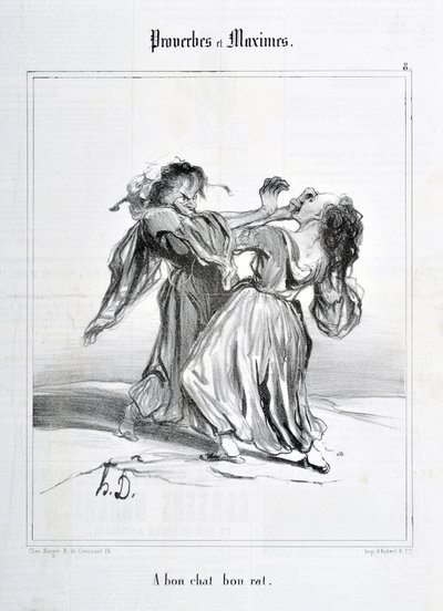 Kunstværk af Honore Daumier (1808-1879). Charivari stammer fra 1840: serien Ordsprog og maksimum "A bon cat bon rat"" KUNSTMUSEET - PALAIS LONGCHAMP, MARSEILLE af Honoré Daumier