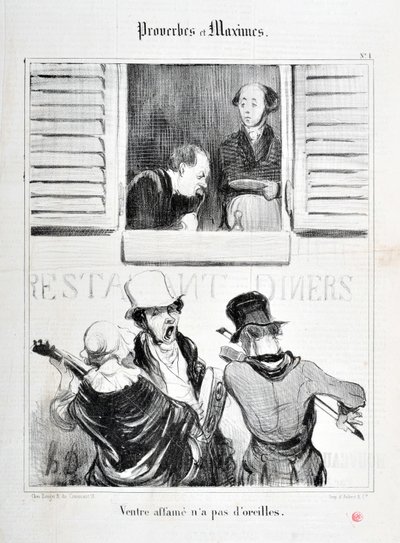Kunstværk af Honore Daumier (1808-1879). Charivari stammer fra 1840: Serie PROVERBS ET MAXIMES "" Mavesult har ingen ører "" "MUSEE DES BEAUX ARTS - PALAIS LONGCHAMP, MARSEILLE af Honoré Daumier