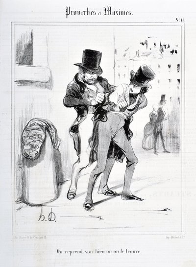 Kunstværk af Honore Daumier (1808-1879). Charivari stammer fra 1840: Serie PROVERBES ET MAXIMES "" Vi genoptager vores ejendom, eller vi finder den "" "MUSEE DES BEAUX ARTS - PALAIS LONGCHAMP, MARSEILLE af Honoré Daumier
