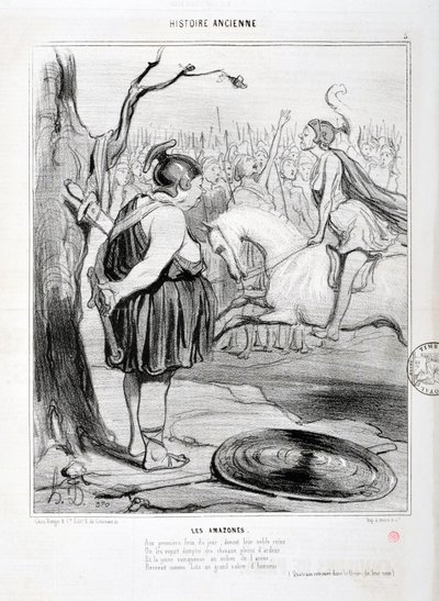 Kunstværk af Honore Daumier (1808-1879) Charivari er fra 1842: Serie HISTORIE ANCIE Les Amazones. "Ved dagens første bål, foran deres ædle dronning, så man dem tæmme heste fulde af glød. Og den unge vinder i midten af arenaen modtager af Honoré Daumier