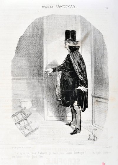 Kunstværk af Honore Daumier (1808-1879). Charivari stammer fra 1842: Serie MORES CONJUALES “” Himlen efter tre måneders fravær finder jeg min kone demenagee og hvilke minder jeg vasker hendes store Gud! “” KUNSTMUSEET - PALACE LONGCHAMP, MARSEILLE af Honoré Daumier