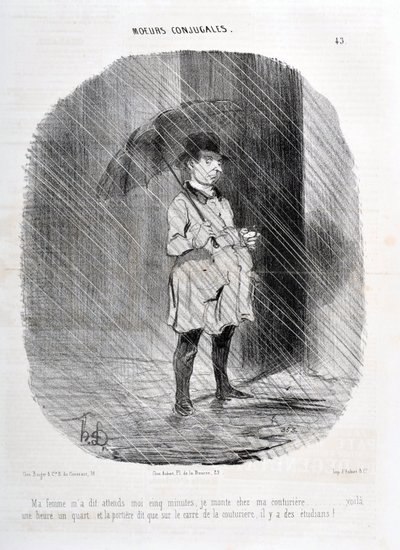 Kunstværk af Honore Daumier (1808-1879). Charivari stammer fra 1842: Serie MORES CONJUALES “” Min kone fortalte mig, vent på mig fem minutter. Jeg går op til min couturiere for en time for et kvarter siden, og døren siger, at på torvet i couturiere er der  af Honoré Daumier