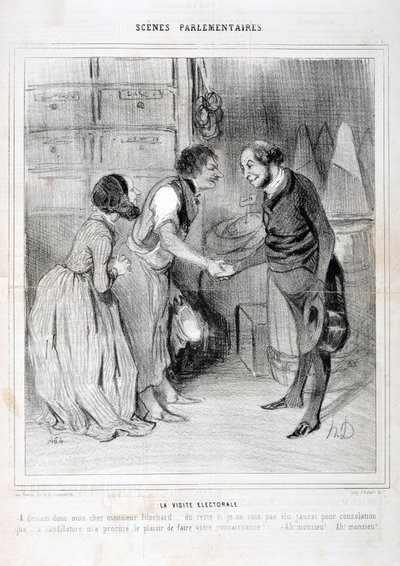 Kunstværk af Honore Daumier (1808-1879). Charivari stammer fra 1843: Serie SCENES PARLIAMENTARY. Valgbesøget. KUNSTMUSEET - PALACE LONGCHAMP, MARSEILLE af Honoré Daumier