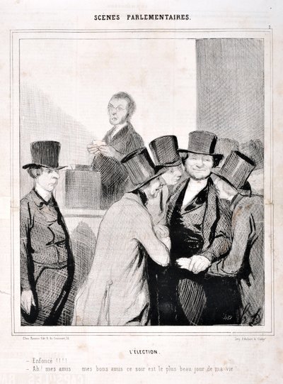 Kunstværk af Honore Daumier (1808-1879). Charivari er fra 1843: Serie SCENES PARLIAMENTARY. Valget "Svøm!!!! "Ah mine venner mine gode venner i aften er den mest dag i mit liv!" MUSEUM FOR DE FINE KUNST - PALACE LONGCHAMP, MARSEILLE af Honoré Daumier