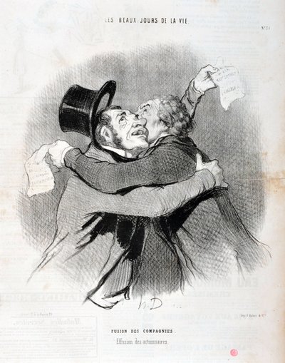 Kunstværk af Honore Daumier (1808-1879). Charivari stammer fra 1845: Serie LES BEAUX DAYS DE LA VIE. Fusion af virksomheder - Udfald af aktionærer. KUNSTMUSEET - PALACE LONGCHAMP, MARSEILLE af Honoré Daumier