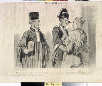 Kunstværk af Honore Daumier (1808-1879). Charivari stammer fra 1845: Serie LES PEANS DE JUSTICE. “” -Min kære, hvad vil du... vi havde uheld... Jeg kunne ikke bevise din uskyld denne gang... men din næste flyvning håber jeg at blive lykkeligere.””””” uddra af Honoré Daumier