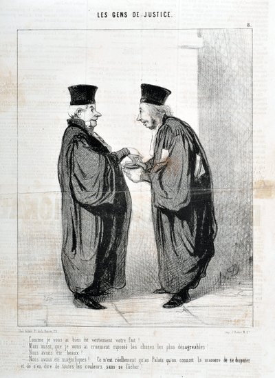 Kunstværk af Honore Daumier (1808-1879). Charivari stammer fra 1845: Serie LES PEOPLES DE JUSTICE “” -Som jeg fortalte dig, sandelig din kendsgerning! Vi var smukke. Vi var smukke!... det er egentlig kun i Palais, vi kender måden at skændes og tale om det  af Honoré Daumier
