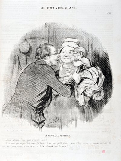Kunstværk af Honore Daumier (1808-1879). Charivari stammer fra 1848: Serie Les beaux jours de la vie. Besøget hos sygeplejersken - Lad os kysse far lille barn skat - Han vil ikke i dag, men normalt...”” KUNSTMUSEET - PALACE LONGCHAMP, MARSEILLE af Honoré Daumier