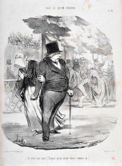 Kunstværk af Honore Daumier (1808-1879). Charivari stammer fra 1849: Serie ALL WHAT YOU WILL “” Det er ikke under imperiet, vi ville danse sådan her!...”” MUSEUM OF FINE ARTS - PALACE LONGCHAMP, MARSEILLE af Honoré Daumier