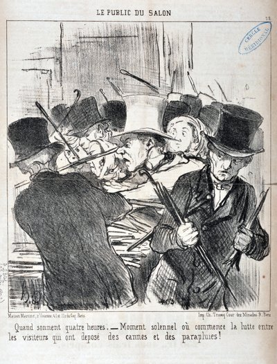 Kunstværk af Honore Daumier (1808-1879). Charivari er fra 1852: Serie LE PUBLIC DU SALON - "Når lyden fire timer.- højtideligt øjeblik eller begynder kampen mellem de besøgende, der har lagt stokke og paraplyer" MUSEE DES BEAUX ARTS - PALAIS LONGCHAMP, af Honoré Daumier