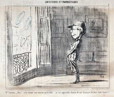 Kunstværk af Honore Daumier (1808-1879) Charivari er fra 1854: Serie TENNIQUES ET OWNIRES "Mr Vautour - Bon!... Dette er endnu et hus, der bliver skudt ned ... Jeg vil forhøje hver af mine lejere med to hundrede francs!" MUSEUM FOR DE FINE KUNST - PALADSET af Honoré Daumier