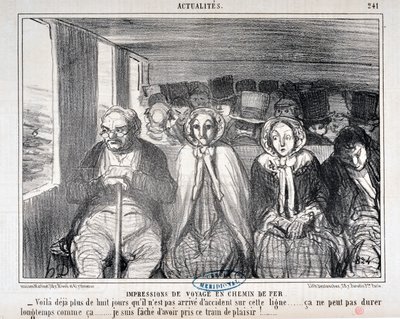 Kunstværk af Honore Daumier (1808-1879) Charivari stammer fra 1855: Serie Actualites de voyage en railroad “” -Her er mere end otte dage, at det ikke er sket en ulykke på denne linje... det kan ikke vare længe sådan. .. Jeg er ked af at have taget dette to af Honoré Daumier