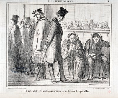 Kunstværk af Honore Daumier (1808-1879). Charivari stammer fra 1855: Serie LES Chemins de fer "" Venteværelset eller kvarteret med ubehagelige refleksioner""" MUSEE DES BEAUX ARTS - PALAIS LONGCHAMP, MARSEILLE af Honoré Daumier