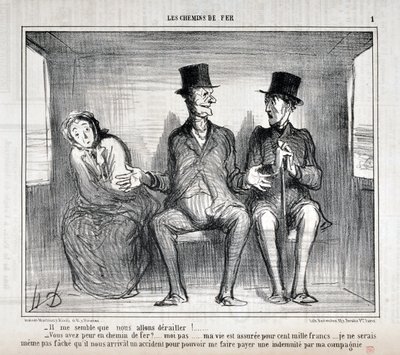 Kunstværk af Honore Daumier (1808-1879). Charivari stammer fra 1857: Serie LES RAILWAYS “” Det ser ud til, at vi vil afspore!... Er du bange på jernbanen?... mig ikke... mit liv er forsikret for hundrede tusinde francs... jeg ønsker ikke engang at bekymre  af Honoré Daumier