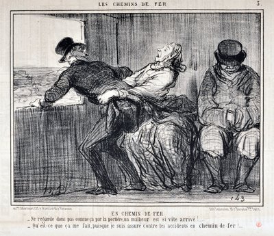 Kunstværk af Honore Daumier (1808-1879). Charivari stammer fra 1858: Serie LES RAILWAYS By Railroad “” -Så se ikke sådan ud ad døren, en ulykke kommer så hurtigt!... “Hvad gør det mig, siden jeg er forsikret mod ulykker på railwa af Honoré Daumier