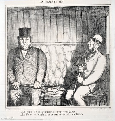 Kunstværk af Honore Daumier (1808-1879). Charivari stammer fra 1864: Serie LES CHAINS DE RAILWAY “” - Figuren af denne herre kommer ikke tilbage til mig. - denne rejsendes hoved indgyder mig ingen tillid””” MUSEE DES BEAUX ARTS - PALAIS LONGCHAMP, MARSE af Honoré Daumier
