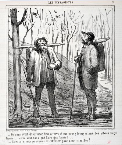 Kunstværk af Honore Daumier (1808-1879). Charivari er fra 1864: Serie LES LANDSAGISTS "- Vi fik at vide, at vi skulle komme til dette land, og at vi ville finde smukke træer... de er gode til at lave bål!... "Hvis vi kunne bruge dem til at opvarme os med!. af Honoré Daumier