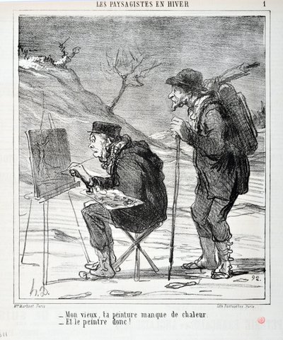 Kunstværk af Honore Daumier (1808-1879). Charivari stammer fra 1864: Serie LES LANDSAGISTS IN WINTER “” - Min gamle mand, dit maleri mangler varme - Og maleren så! “” KUNSTMUSEET - PALACE LONGCHAMP, MARSEILLE af Honoré Daumier