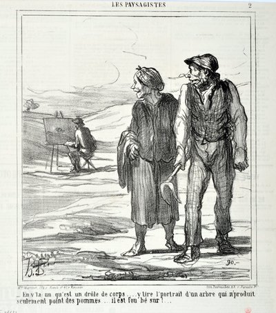 Kunstværk af Honore Daumier (1808-1879). Charivari stammer fra 1864: Serie LES LANDSAGISTS "" - I denne, der er en sjov krop... tegner et portræt af et træ, der ikke kun producerer æbler... han er vild med!..." KUNSTMUSEET - PALACE LONGCHAMP, af Honoré Daumier