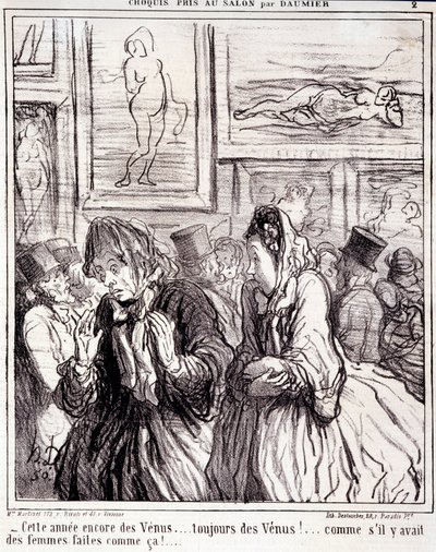 Kunstværk af Honore Daumier (1808-1879). Charivari stammer fra 1865: Serieskitser taget på salonen- "" I år igen Venus... altid Venus!... som om der var kvinder lavet sådan!" Uddrag fra avisen "" Le Charivari"" Mål: 28x28cm. Inv af Honoré Daumier