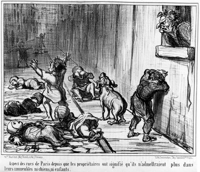 Aspekt af gaderne i Paris siden ejerne betød, at de ikke længere ville indrømme hverken hunde eller børn i deres bygninger, taget fra "" Tenants et Proprietaires", en serie af tegneserier af Honore Daumier (1808-1879). “Charivari” af Honoré Daumier