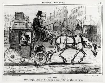 August 1855, universel udstilling: plan, snit, højde og elevation af en Paris-bil. Illustration af Honore Daumier (1808-1879), offentliggjort i nyhederne, "" Charivari", dateret 4. september af Honoré Daumier