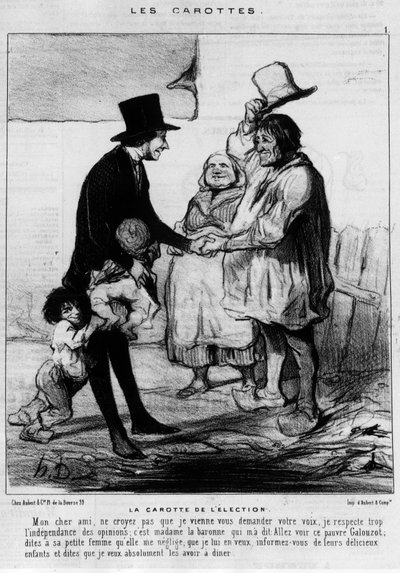 Kandidat til valgbesøg i en familie af bønder: "" Valgets gulerod"" - tegneserie af Daumier, i "" Charivari"" af 21/03/1844 af Honoré Daumier