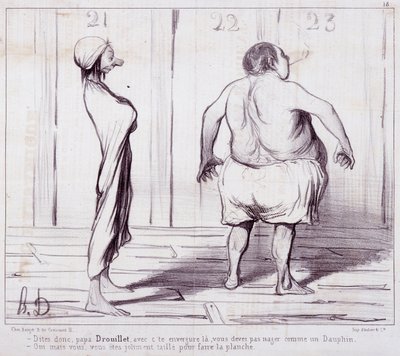 Tegnefilm om udseende. Serie "" The Bathers"": Fortæl far Drouillet..."" Gravering af Honore DAUMIER (1808-1879). Uddrag fra avisen "" Le Charivari"". Mål 25x36 cm. boks 12 Marseille, Musee des Beaux-Arts, Palais Longchamps, Collection Arts Graphi af Honoré Daumier