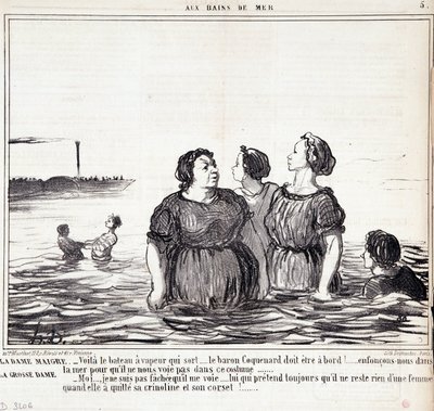 Tegnefilm om udseende og mode. Serie "" Les Bains de Mer"": "" Den tynde dame (...), den fede dame (...)" Gravering af Honore DAUMIER (1808-1879). Uddrag fra avisen "" Le Charivari"" den 16. september af Honoré Daumier