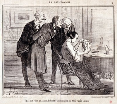 Tegnefilm om kunstsamlere. Serien "" Potichomania"": "" En falsk vase fra Japan, der beundrer tre kinesere." Gravering af Honore DAUMIER (1808-1879). Uddrag fra avisen "" Le Charivari"" af Honoré Daumier
