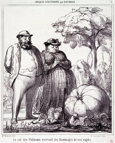 Tegnefilm om havearbejde. Serie "" Autumn Sketch"": "" The King of Pumpkins modtager hyldest fra sine undersåtter"". Gravering af Honore DAUMIER (1808-1879). Uddrag fra avisen "" Le Charivari"" den 23. september af Honoré Daumier