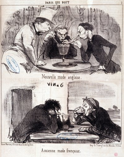Tegnefilm om gastronomisk misbrug. Serien "Paris qui drinks": ny engelsk mode og gammel fransk mode. Gravering af Honore DAUMIER (1808-1879). Uddrag fra avisen “” Le Charivari”” 23. juni 1852 Dim 37x26 cm Inv D 2312 - æske 24 N¡7. Marseille, Muse af Honoré Daumier