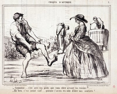 Tegnefilm om høstere, der tramper på barfodede druer. Serie “” Autumn Sketch””: “” Hvordan... skal du presse druerne med fødderne? ...” Stik af Honore DAUMIER (1808-1879). Uddrag fra avisen "" Le Charivari"" af Honoré Daumier