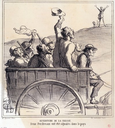 Tegnefilm om jægere. Serie "Efterårsskitse: Åbning af jagten, to agerhøns blev signaleret i landet", fra Aviser "Le Charivari" af Honoré Daumier