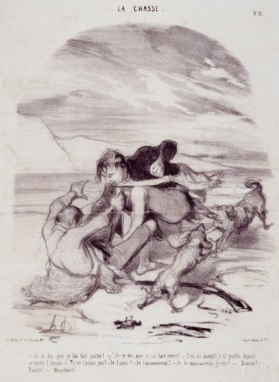 Tegnefilm om jægere. Serie "" Livets smukke dage - Jagten"": "" Jeg fortæller dig, at jeg fik ham til at forlade..."" Indgravering af Honore DAUMIER (1808-1879). Uddrag fra avisen "" Le Charivari"" den 10. januar af Honoré Daumier