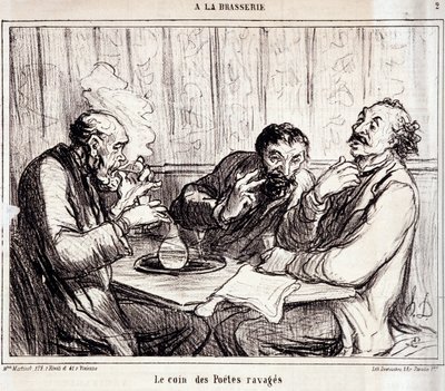 Tegnefilm om digtforfattere. Serie "" A la brasserie"": "" Hjørnet af hærgede digtere""". Gravering af Honore DAUMIER (1808-1879). Uddrag fra avisen "" Le Charivari"" 7. januar af Honoré Daumier