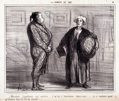 Tegnefilm om videnskab. Serie "" On the Comete of 1857"": "" Mossieu, jeg forlader din tjeneste..."" Gravering af Honore DAUMIER (1808-1879). Uddrag fra avisen "" Le Charivari"" den 13. marts af Honoré Daumier