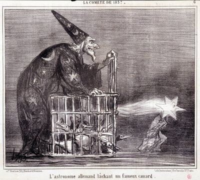 Tegnefilm om videnskab. Serie Sur "" kometen fra 1857"": "" Den tyske astronom forlader en berømt and""". Gravering af Honore DAUMIER (1808-1879). Uddrag fra avisen "" Le Charivari"" 2. marts af Honoré Daumier