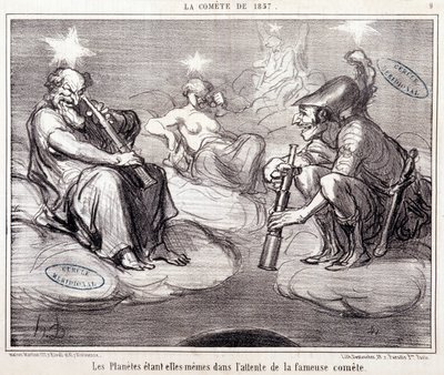 Tegnefilm om videnskab. Serie Sur "" kometen fra 1857"": "" Planeterne venter selv på den berømte komet""". Stik af Honore DAUMIER (1808-1879), 25. marts af Honoré Daumier