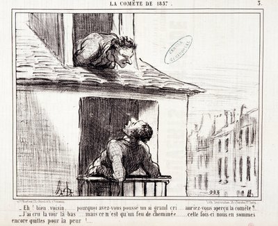 Tegneserie om videnskab. Serie Sur "Kometen af 1857": "Nå nabo... hvorfor græd du så meget..." Gravering af Honore DAUMIER (1808-1879). Uddrag fra avisen "Le Charivari" den 11. marts af Honoré Daumier