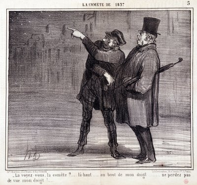 Tegnefilm om videnskab. Serie om "" kometen fra 1857": "" Ser du udvalget?..." En tyv afleder sit offers opmærksomhed. Gravering af Honore DAUMIER (1808-1879). Uddrag fra avisen "" Le Charivari"" 19. marts af Honoré Daumier