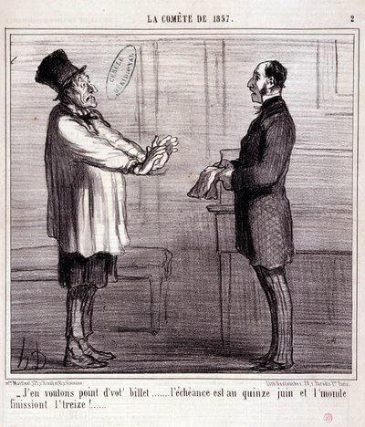 Tegnefilm om videnskab. Serie om "" kometen fra 1857"": Jeg vil ikke have nogen billet..." Indgravering af Honore DAUMIER (1808-1879). Uddrag fra avisen "" Le Charivari"" 4. marts af Honoré Daumier
