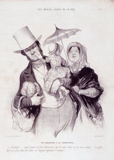 Tegnefilm om familien. Serien "" Livets smukke dage"": En søndag på landet..." Indgravering af Honore DAUMIER (1808-1879). Uddrag fra avisen "" Le Charivari"" den 21. juli af Honoré Daumier