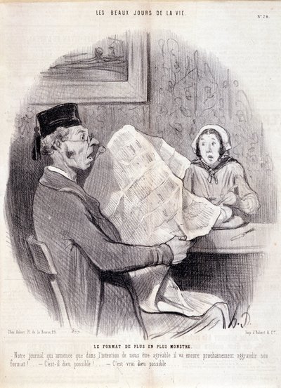Tegnefilm om pressen. Serien "" The Beautiful Days of Life"": "" Det stadig mere monsterformat..."". Gravering af Honore DAUMIER (1808-1879). Uddrag fra avisen "" Le Charivari"" den 18. oktober af Honoré Daumier