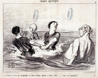 Tegnefilm om turister på ferie ved havet. Serie "" Les Bains de Mer"": "" Vandskitse. Lad os se, det er ikke rimeligt at røre dig sådan i vandet... du våder mig!” Gravering af Honore DAUMIER (1808-1879). Uddrag fra avisen "" Le Chariv af Honoré Daumier