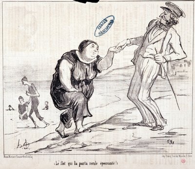Tegnefilm om turister på ferie. Serie "" Axe Bains de Mer: "" Oversvømmelsen, der førte den tilbage skræmmende! "" Gravering af Honore DAUMIER (1808-1879). Uddrag fra avisen "" Le Charivari"" af Honoré Daumier