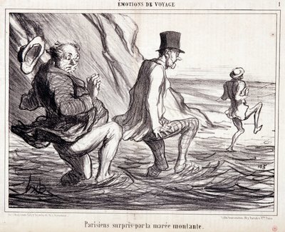 Tegneserie om turister på ferie. Serien "Ax Bains de Mer: "Rejse følelser. Pariser fanget af den stigende havmare". Gravering af Honore DAUMIER (1808-1879). Uddrag fra avisen "Le Charivari" den 8. oktober af Honoré Daumier