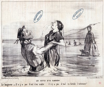 Tegneserie om turister på ferie. Serien "Les Bains de Mer": "Aquatic skitse. Sekvenser af et dyk". Gravering af Honore DAUMIER (1808-1879). Uddrag fra avisen "Le Charivari" i 1853. Dim: 24x28cm. Inv 2453 - kasse 12 N¡1. Marseille, M af Honoré Daumier