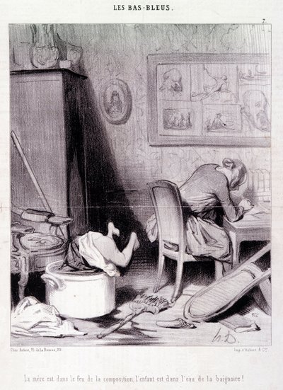 Tegnefilm om kvindelige forfattere. Serie "" Bas Bleus"": "" Moderen er i kompositionens ild, barnet er i badets vand! "" Gravering af Honore DAUMIER (1808-1879). Uddrag fra avisen "" Le Charivari"" den 20. februar af Honoré Daumier